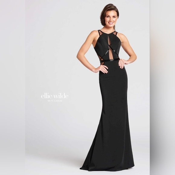 NWT Ellie Wilde- Mon Cheri, Black Gown w/Mesh and Beaded detail/Cutouts, Size 2 - Picture 1 of 13